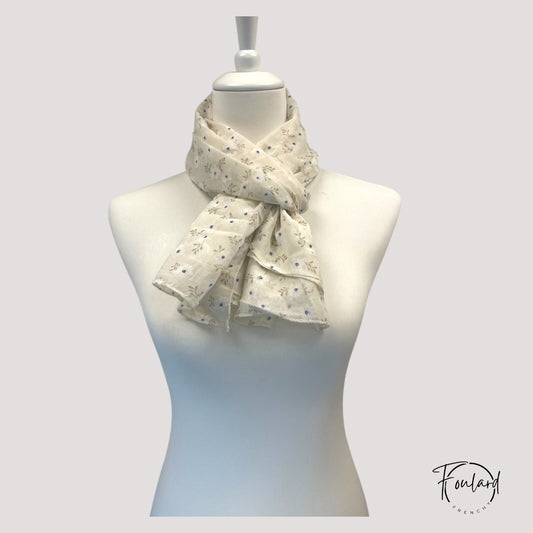 Foulard femme beige à fleurs blanches