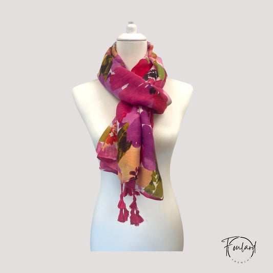 Foulard femme fleuri rose et violet