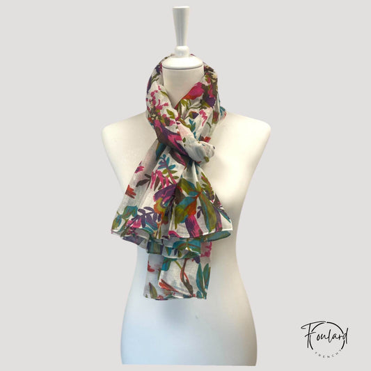 Foulard femme motif oiseau & fleurs