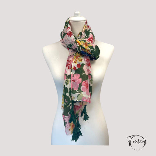 Foulard femme à fleurs roses - vertes- bleues
