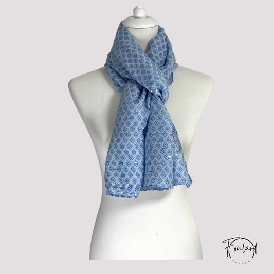 Foulard femme bleu à motifs géométriques dorés