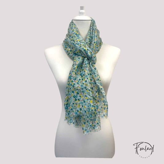Foulard fleuri bleu - vert en coton 100%