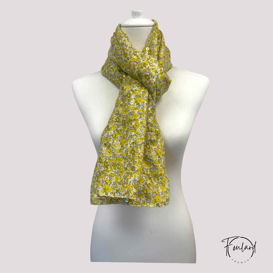 foulard  femme fleuri jaune et doré
