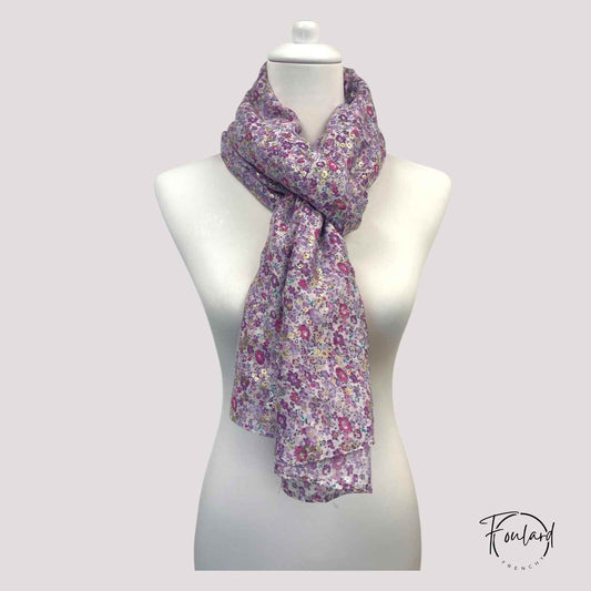 foulard femme  fleuri violet à paillettes dorées