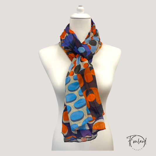 Foulard femme  à motifs géométriques rouge -orange -violet- bleu