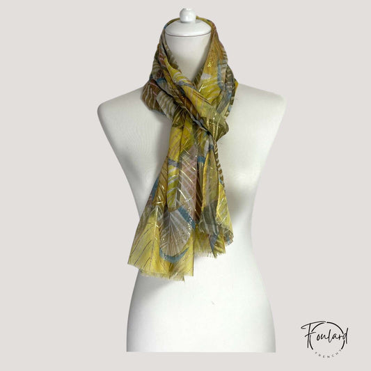 Foulard femme jaune à motifs graphiques dorés