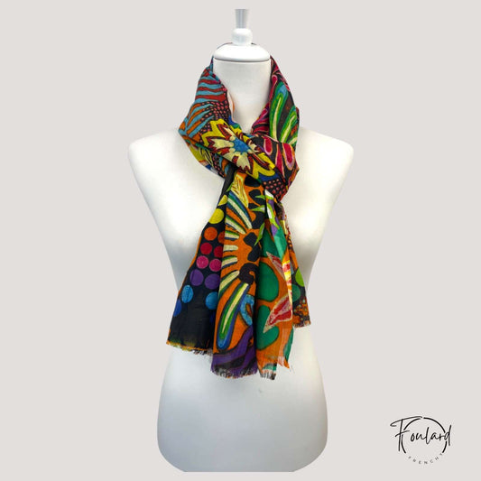 Foulard coloré à motifs géométriques et floraux – 100 % coton