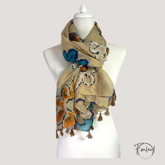 Foulard femme beige à fleurs abstraites