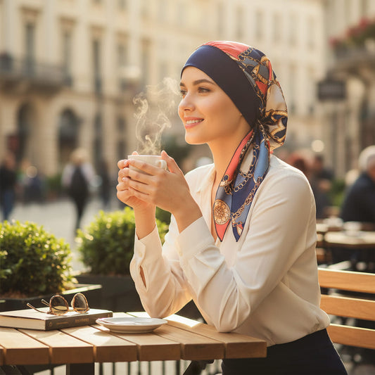 AGATHE Foulard Cheveux Femme Moderne Chimio Bleu Marine Rose à motifs