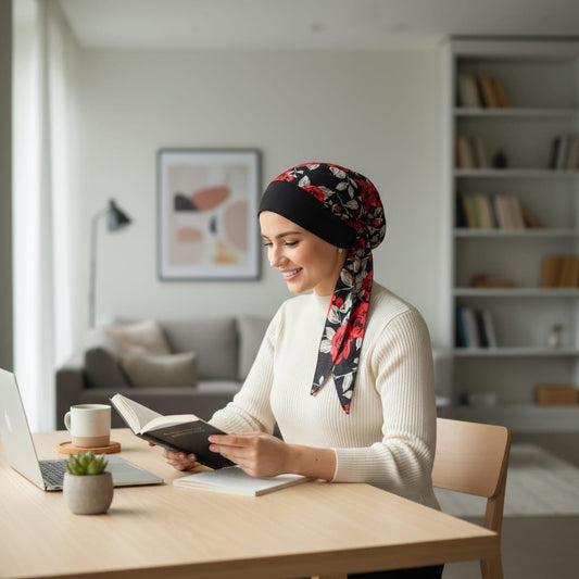 ALEXANDRA Foulard long chimio noir - Roses rouges