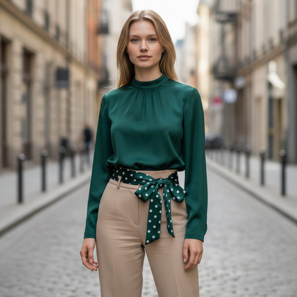 Ceinture foulard verte à pois blancs
