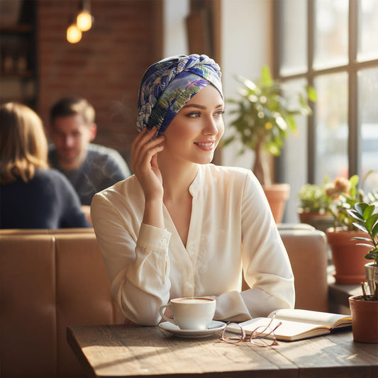 DIANE Foulard Cheveux Femme Turban Chimio Moderne Bleu à motifs