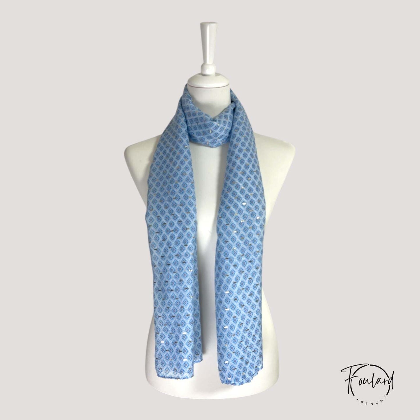 Foulard femme bleu à motifs géométriques dorés