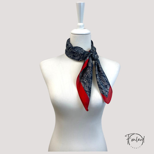 HÉRA Foulard Cheveux Femme Carré Bleu Marine Argenté à motifs