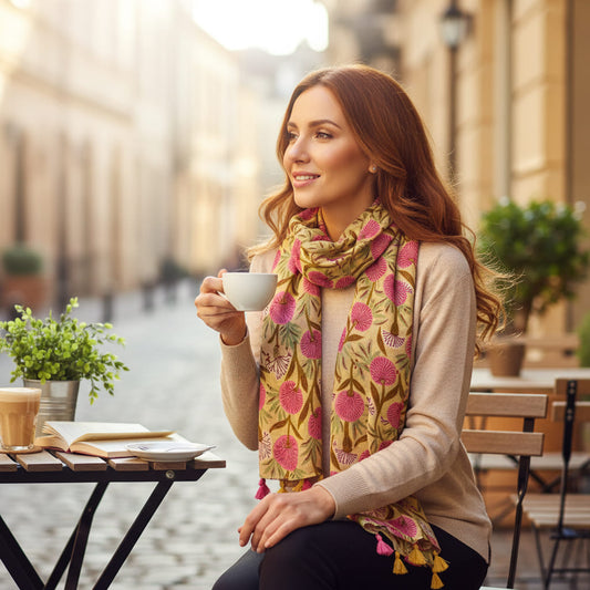 Foulard femme à fleurs roses sur fond jaune
