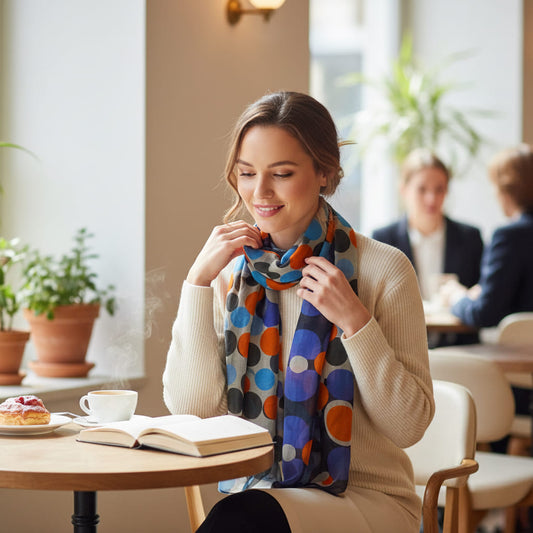 Foulard femme  à motifs géométriques rouge -orange -violet- bleu