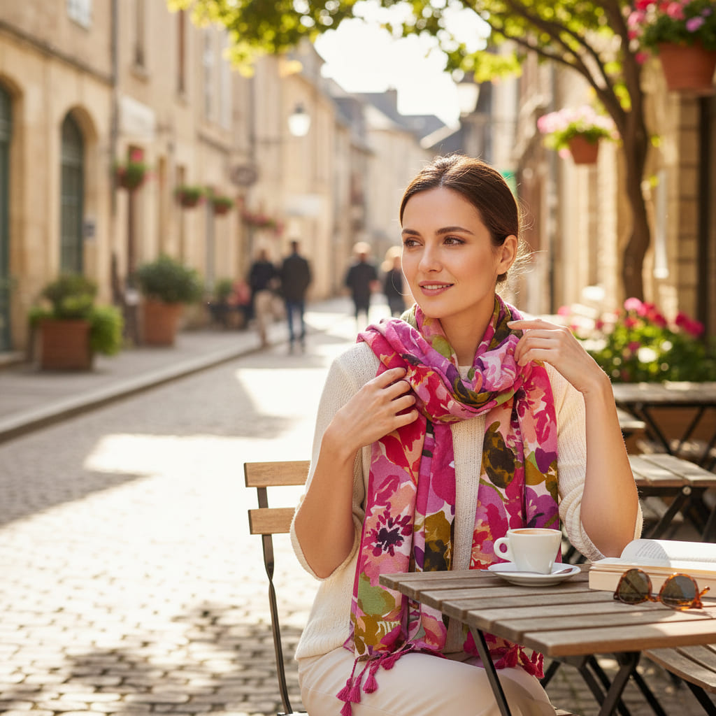 Foulard femme fleuri rose et violet