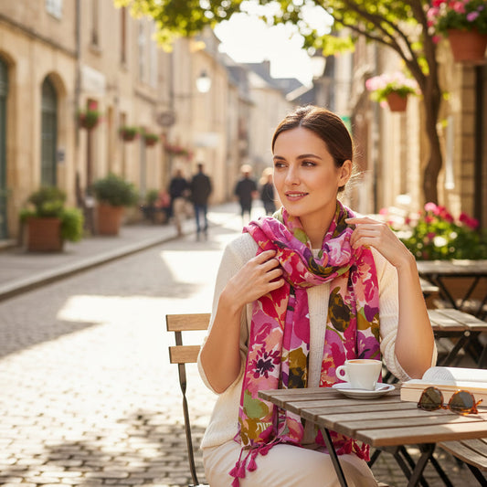 Foulard femme fleuri rose et violet
