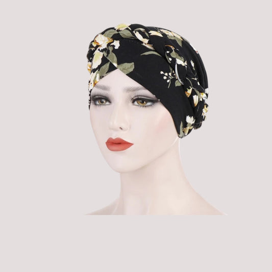 Foulard turban chimio noir - Floral