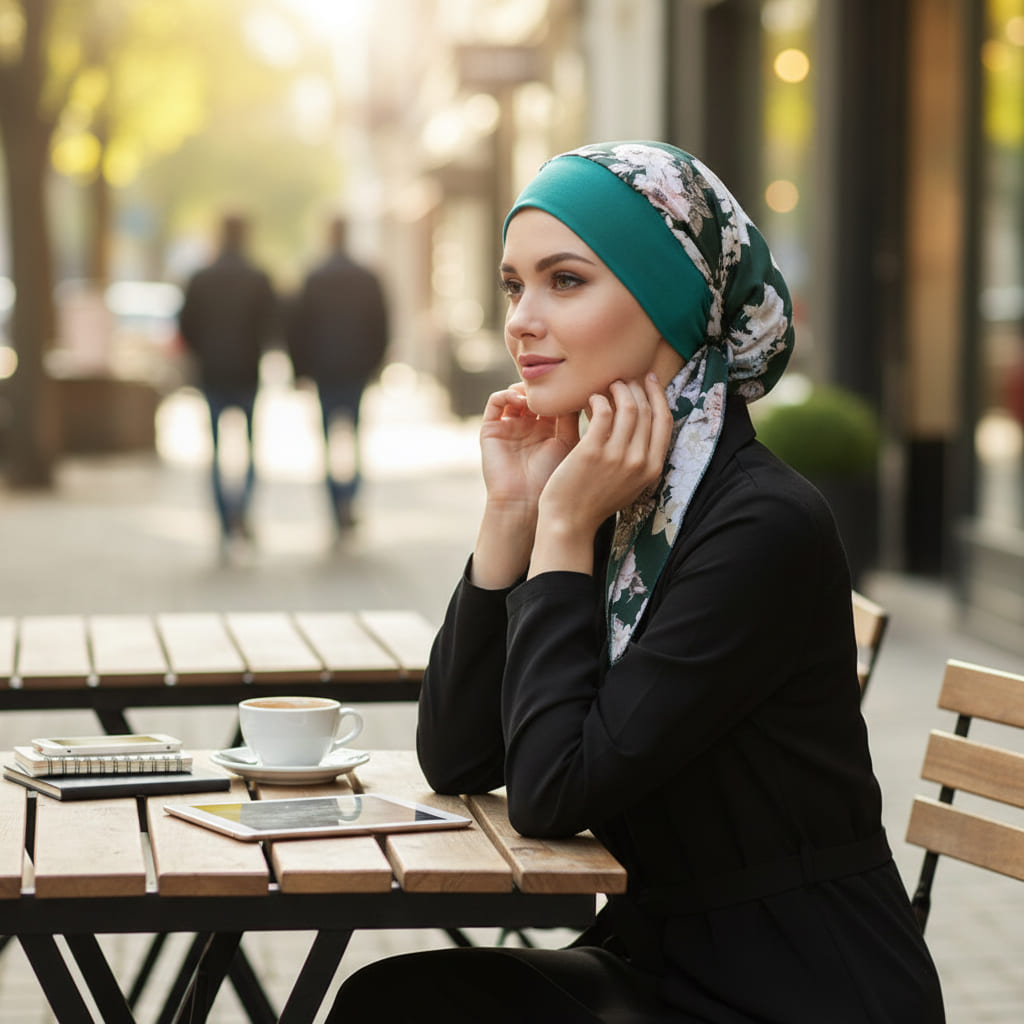 HÉLÈNE Foulard Cheveux Femme Moderne Chimio Vert à motifs