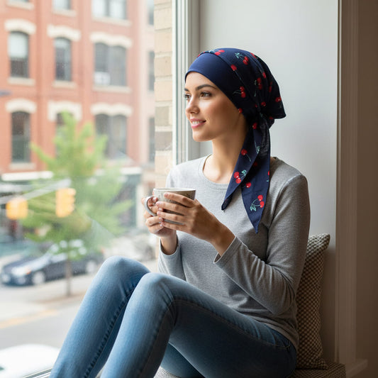 LUCIE Foulard Cheveux Femme Chimio Bleu Marine à motifs