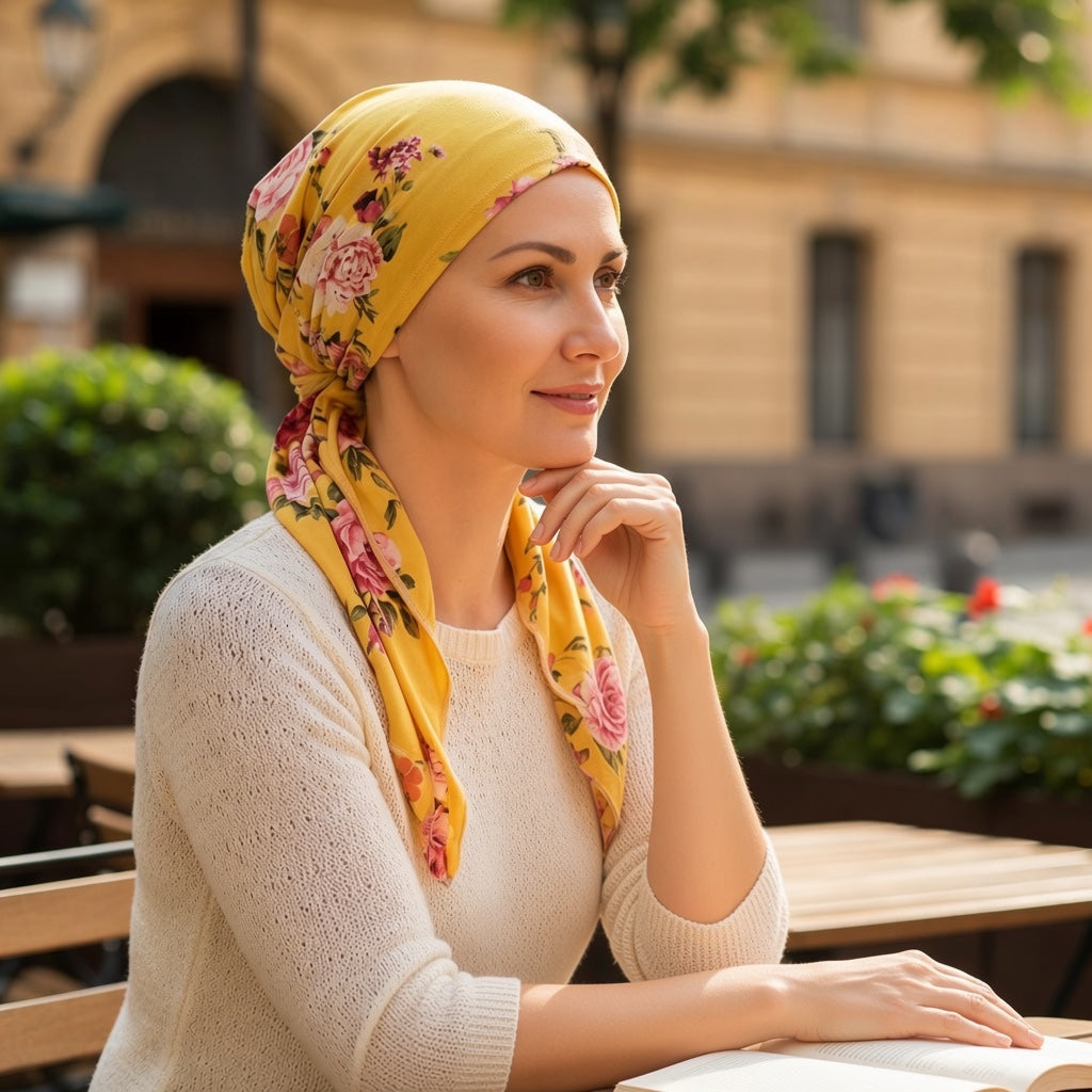 ÉMILIE Foulard Cheveux Femme Moderne Chimio Jaune à motifs