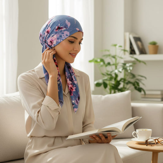 ROMY Foulard Cheveux Femme Moderne Chimio Bleu Rose à motifs