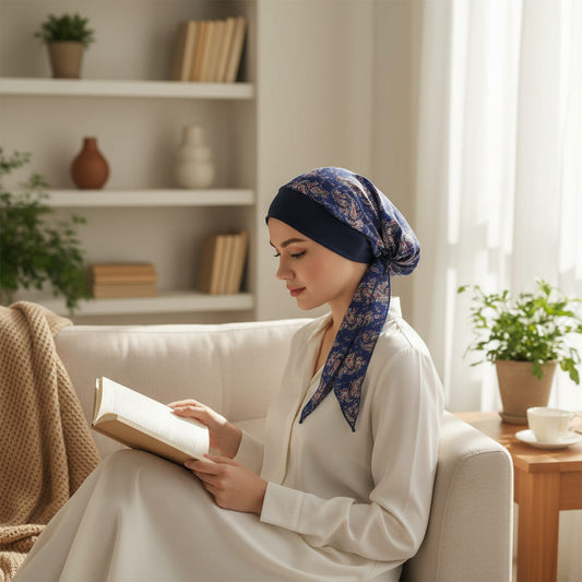 SARAH Foulard Cheveux Femme Chimio Bleu Marine Violet Bohème