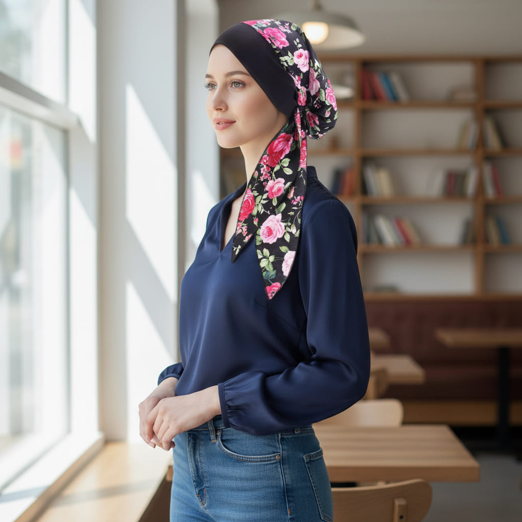 STÉPHANIE Foulard Cheveux Femme Moderne Chimio Noir Rose à motifs