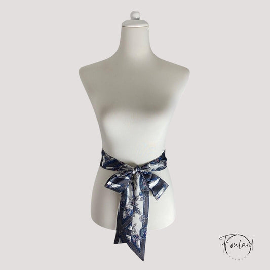 Ceinture foulard motif cachemire bleu et gris