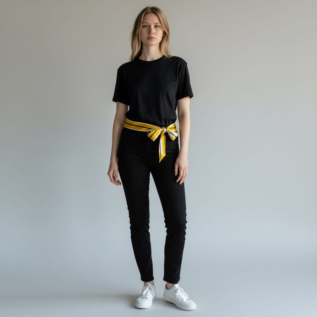 Ceinture foulard jaune à rayures bleu marine