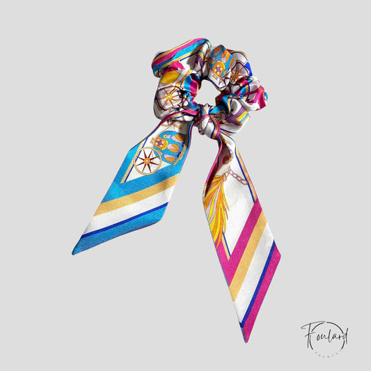 Chouchou Foulard Motif Équestre Bleu et Fuchsia