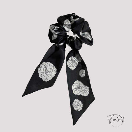 Chouchou Foulard Noir à Fleurs Blanches