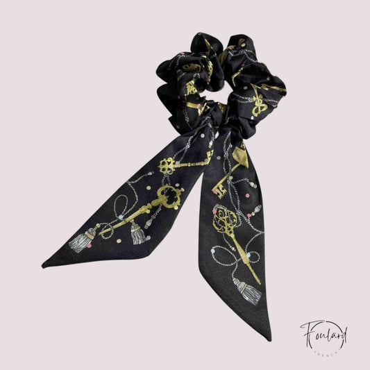Chouchou Foulard Noir Motif Clés Dorées