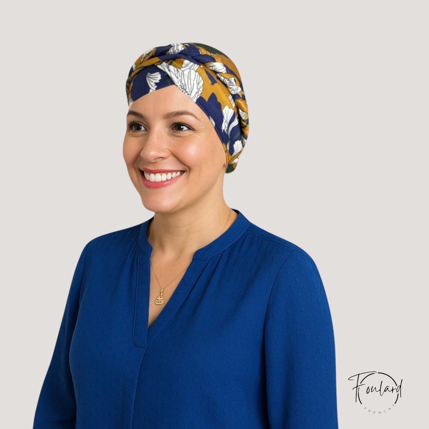 Turban Foulard Femme Moderne Chimio Moutarde à motifs