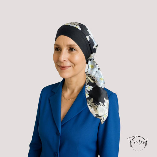 SABRINA Foulard Cheveux Femme Moderne Chimio Noir à motifs