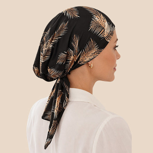 Foulard chimio noir satiné à motifs feuillage