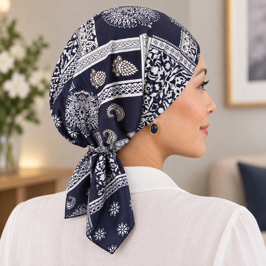 Foulard chimio satiné bleu marine et blanc