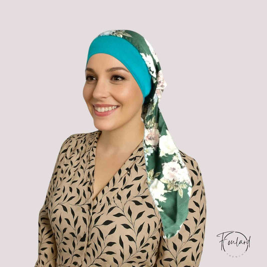 HÉLÈNE Foulard Cheveux Femme Moderne Chimio Vert à motifs