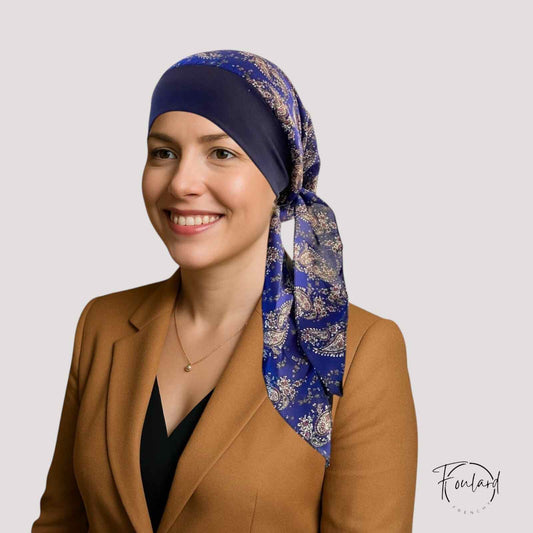 SARAH Foulard Cheveux Femme Chimio Bleu Marine Violet Bohème