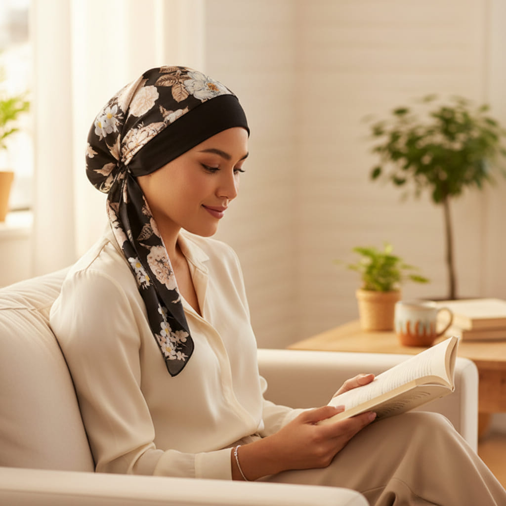 SABRINA Foulard Cheveux Femme Moderne Chimio Noir à motifs
