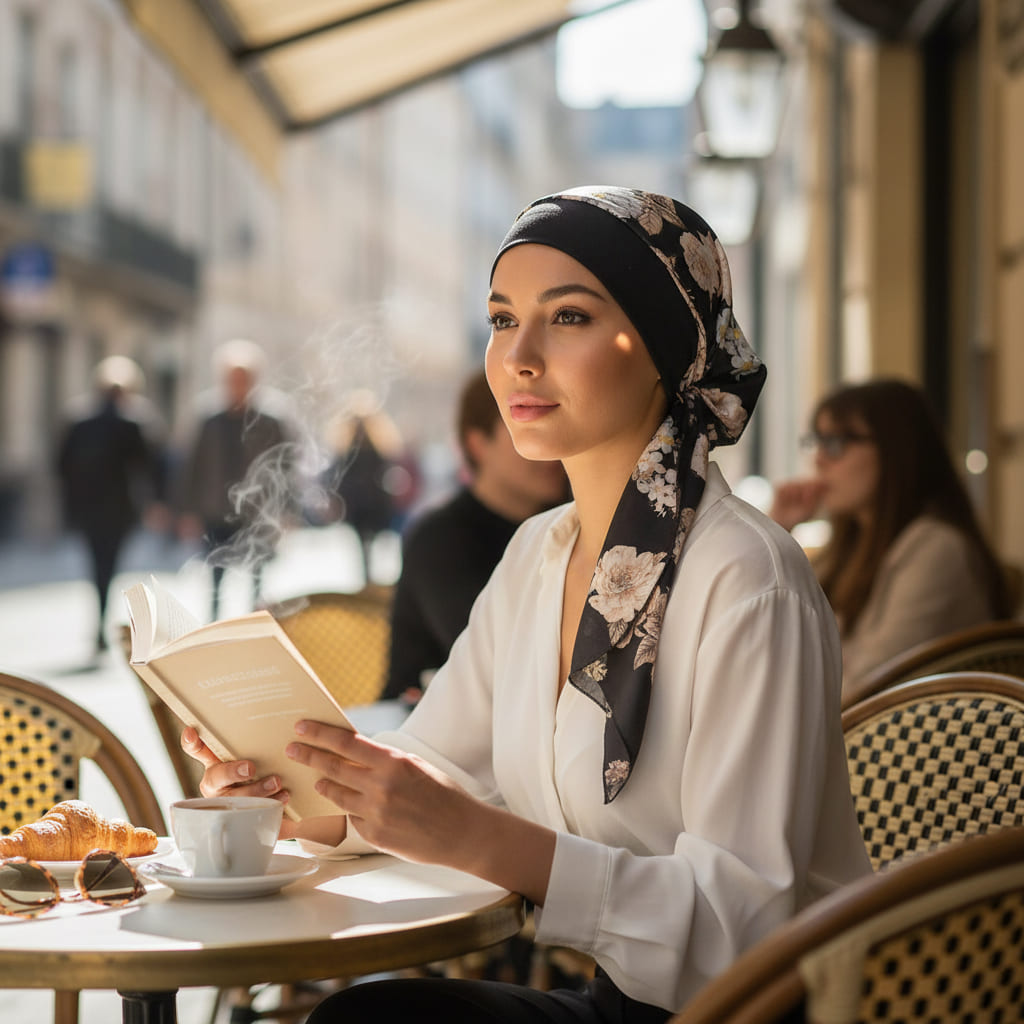 SABRINA Foulard Cheveux Femme Moderne Chimio Noir à motifs