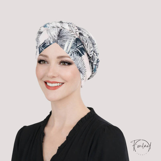 Foulard Cheveux Turban Femme Mode Chimio Blanc Crème à motifs