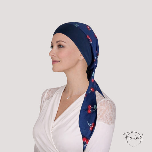 LUCIE Foulard Cheveux Femme Chimio Bleu Marine à motifs
