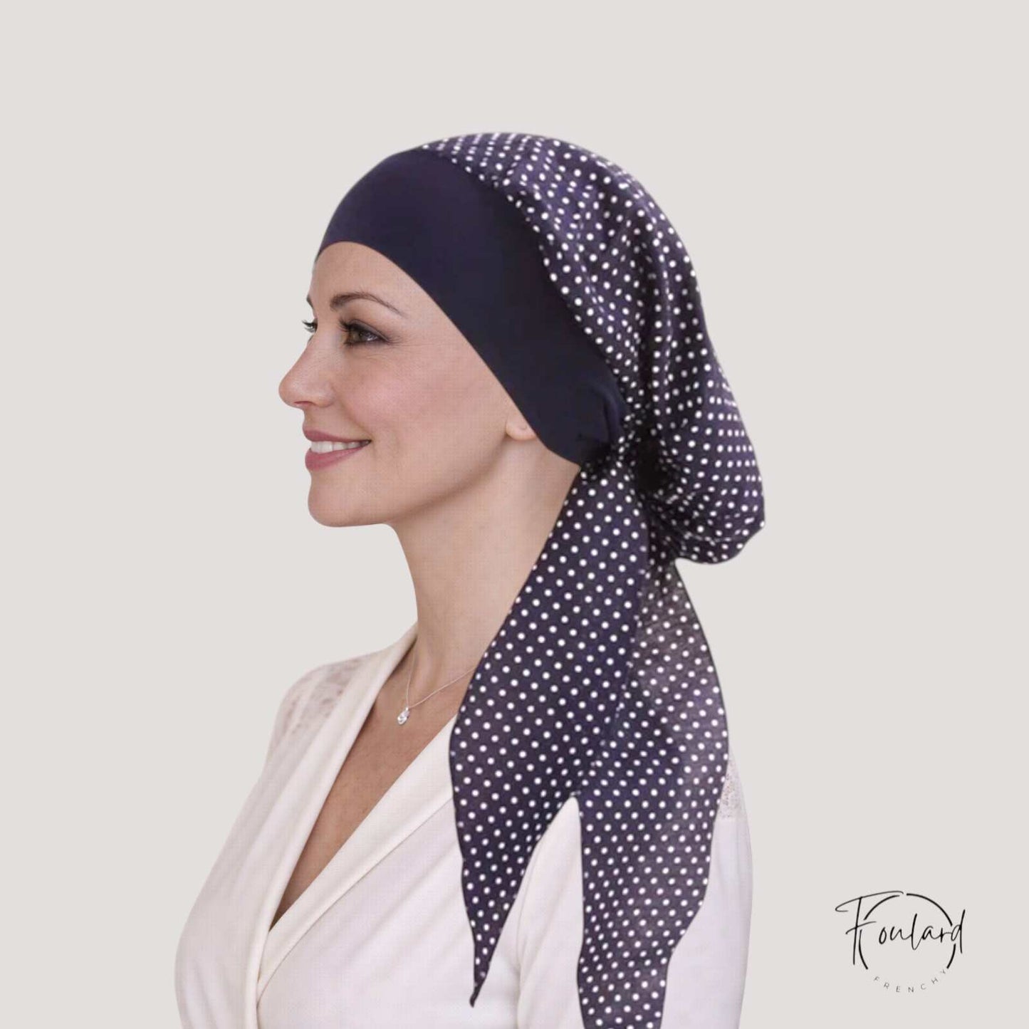 ANAÏS Foulard Cheveux Femme Moderne Chimio Bleu Marine À pois