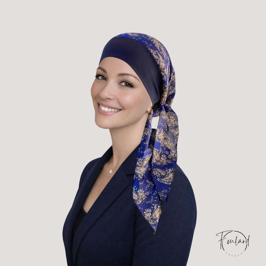 SARAH Foulard Cheveux Femme Chimio Bleu Marine Violet Bohème