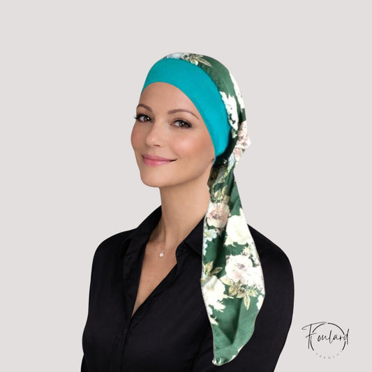 HÉLÈNE Foulard Cheveux Femme Moderne Chimio Vert à motifs