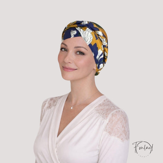 Turban Foulard Femme Moderne Chimio Moutarde à motifs