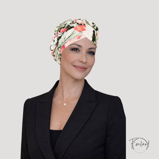 SONIA Foulard Turban Chimio Moderne Blanc à motifs Floral