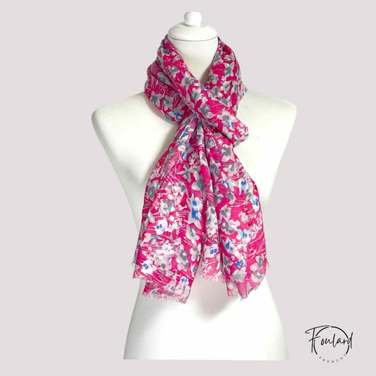 Foulard femme  Rose imprimé floral fuchsia